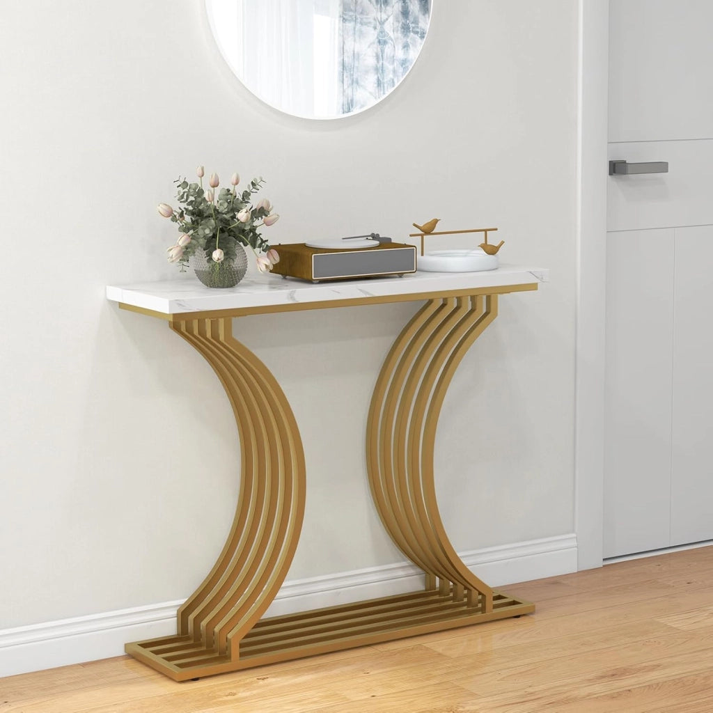 Tavolo Ingresso Marmo Sintetico 100 cm, Mensola, Kit Antiribaltamento, Cuscinetti Gambe Regolabili, Telaio Metallo, Stretto, Corridor Soggiorno,100x29,5x81 cm