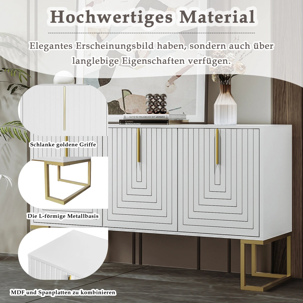Credenza a 3 ante con ripiani regolabili e base in metallo per soggiorno cucina e sala da pranzo; bianco