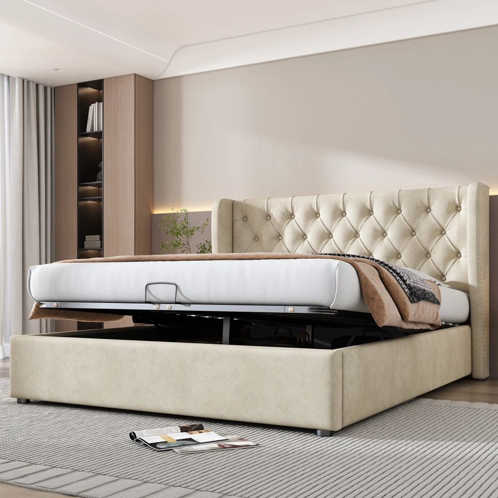 Letto Contenitore 180×200 cm; Letto Matrimoniale con Vano Idraulico; senza Materasso; Testiera Alta; Velluto Beige