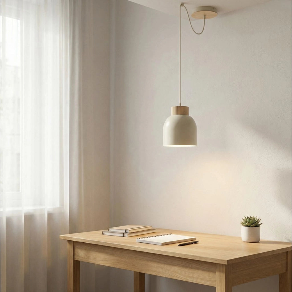 Lampada a sospensione KRU in acciaio moka e legno