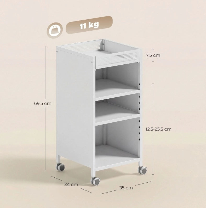 Scaffale mobile 35x34x69，5 cm in metallo bianco， 3 ripiani per ufficio e cucina