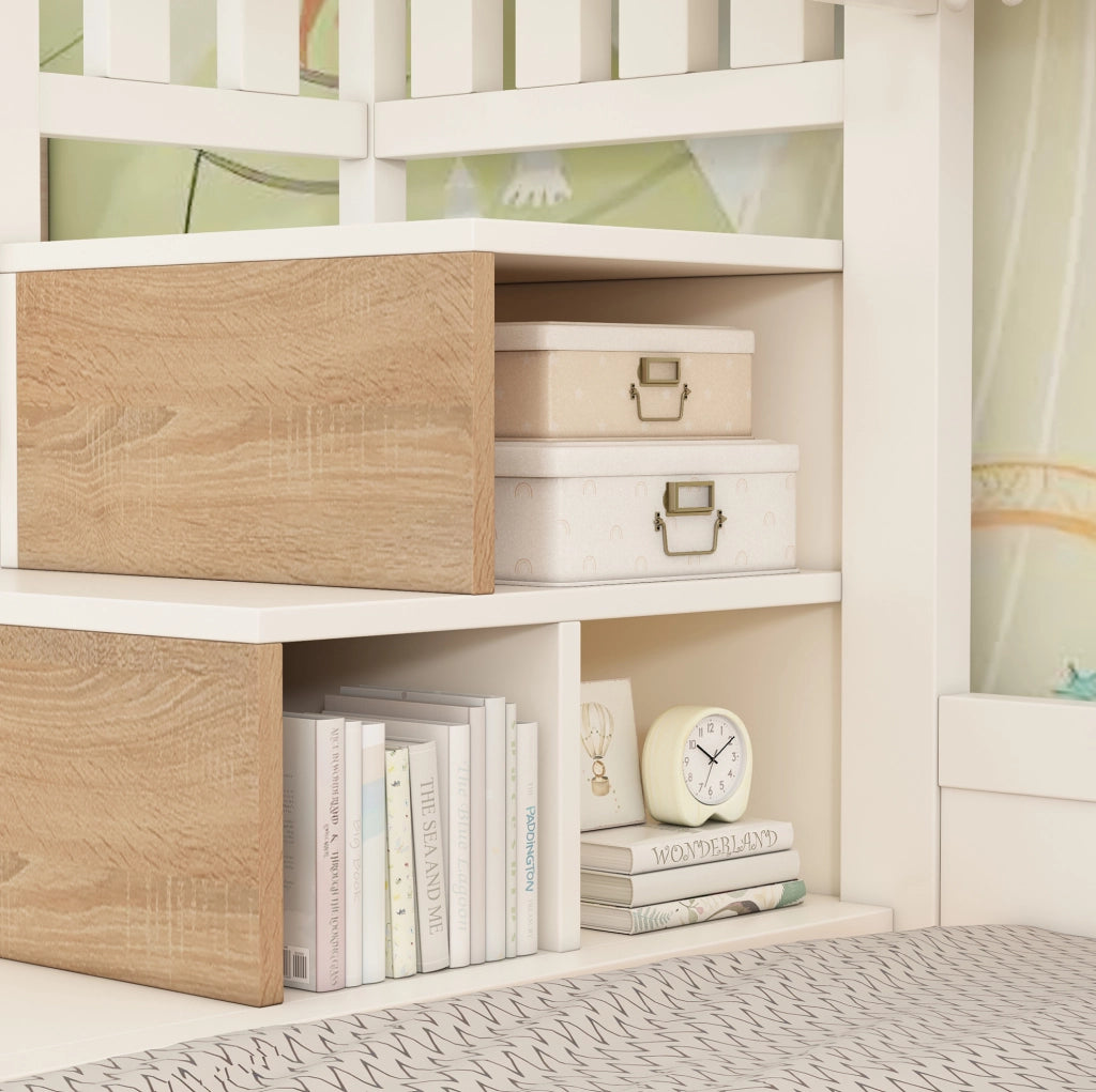 Letto a castello con scala contenitore 90x200 e 140x200 cm in legno bianco e naturale
