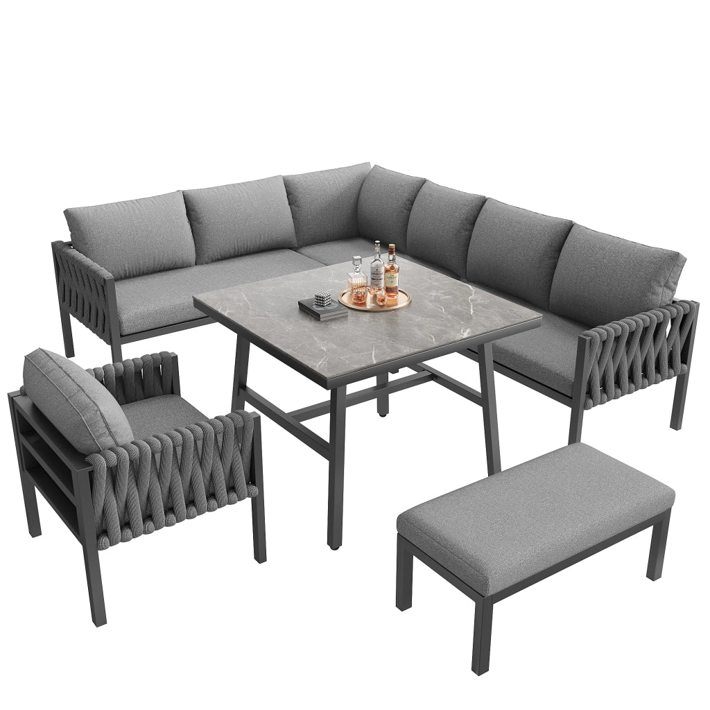 Set mobili giardino: corda intrecciata + Divanooo angolare; ferro zincato; tavolo vetro; cuscini inclusi; grigio