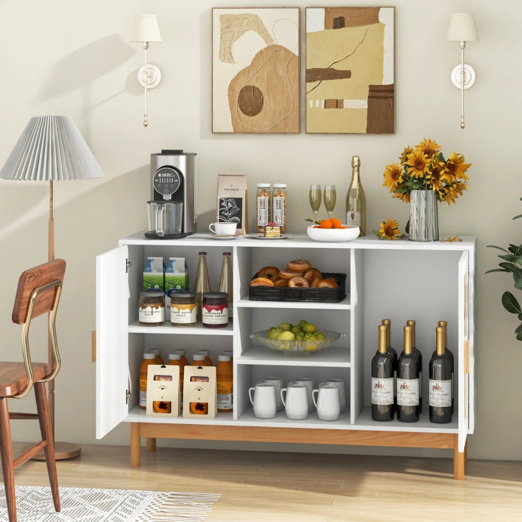 Credenza buffet-Armadio da cucina cabinet da 120cm, Armadio da pavimento con 2 porte intrecciate in bamb¨´ 3 ripiani aperti Bianco