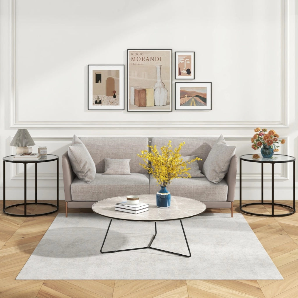 Tavolino rotondo da 50 cm con struttura in metallo e piano in vetro effetto marmo, Tavolino laterale in vetro Bianco e Nero-Tavolini da salotto