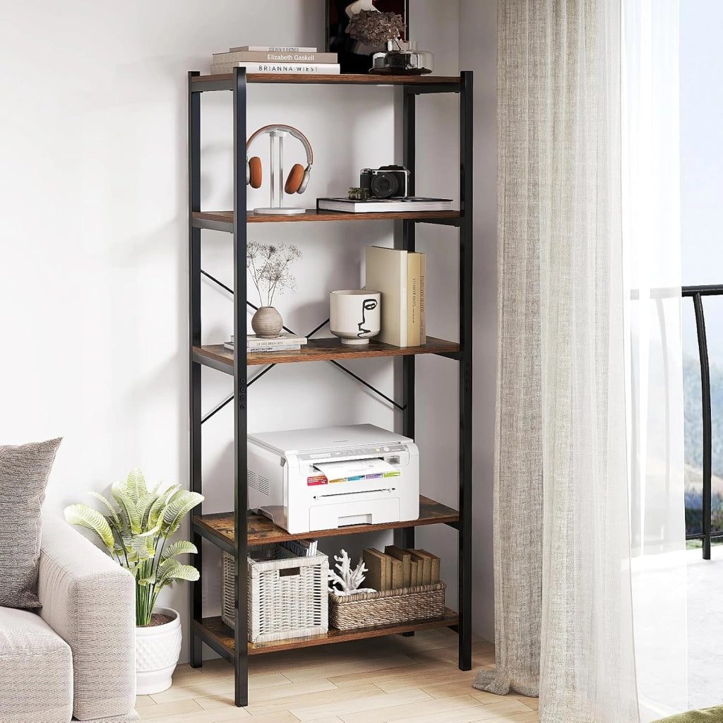 Libreria a 5 Ripiani, Scaffale di Stoccaggio con Struttura in Metallo e Doppio Sistema Anti-Ribaltamento, Scaffale Autoportante per Ufficio Soggiorno Camera da Letto, 66x34x161 cm