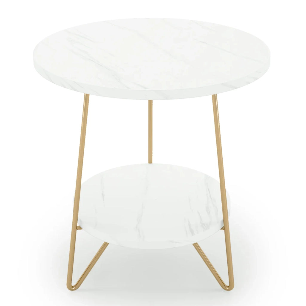 Tavolino basso fisso rotondo a 2 ripiani in marmo artificiale e metallo dorato bianco 47 × 47 × 55 cm