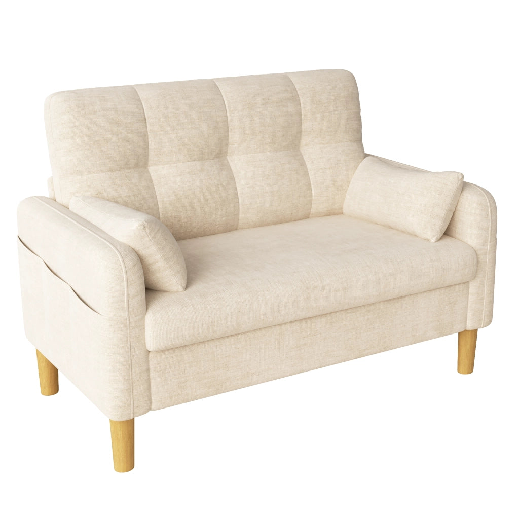 Divano 2 posti con cuscini e tasca laterale in chenille beige 119 × 78 × 85 cm