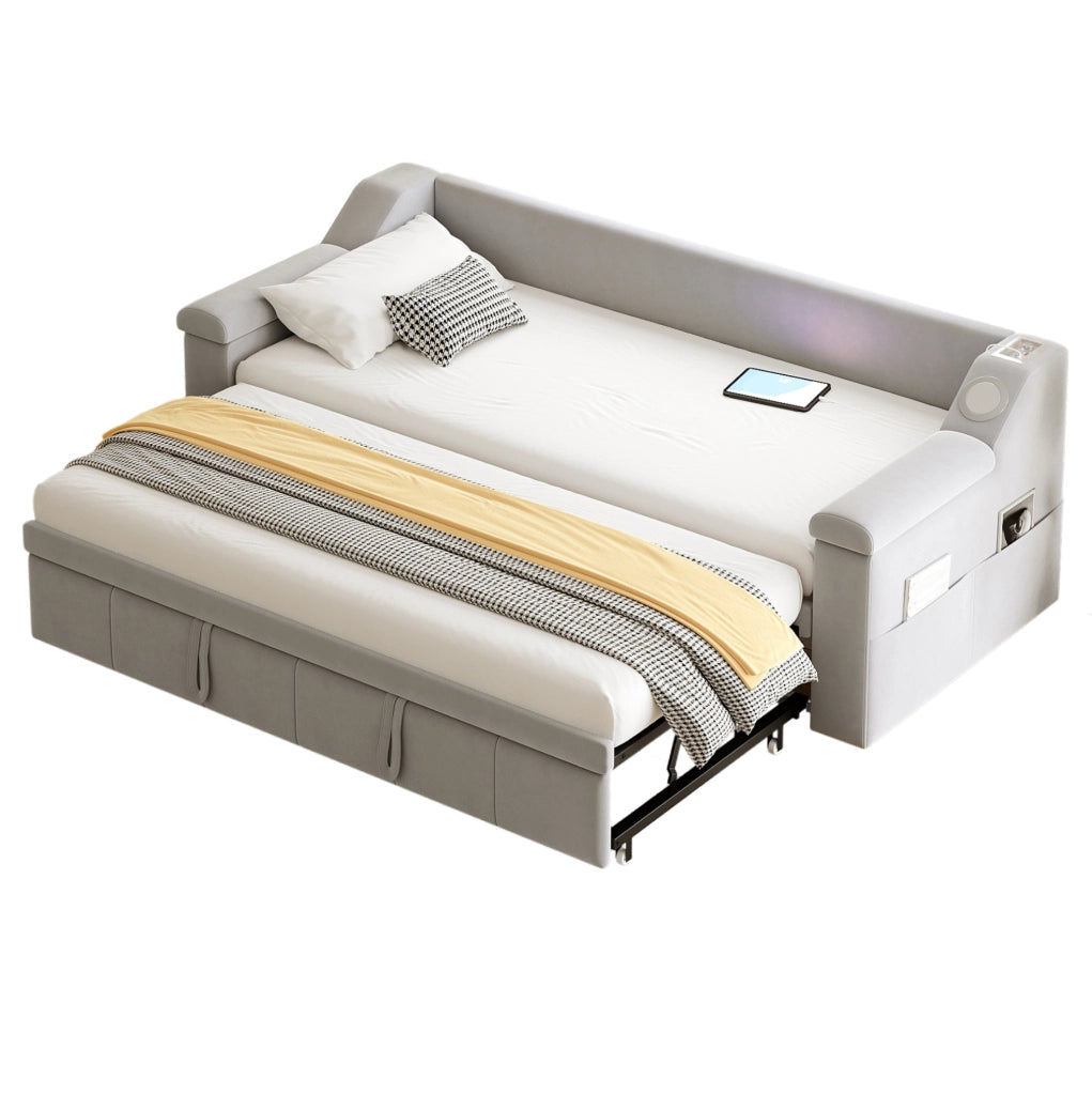 Divano letto 90x190 cm estendibile con Bluetooth; USB e vani portaoggetti in velluto grigio
