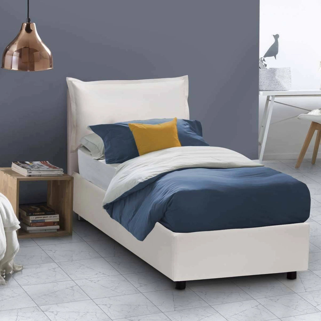 Letto singolo Perpetue, Letto contenitore con rivestimento in ecopelle, Made in Italy, Apertura frontale, adatto per materasso cm 80x200, Bianco