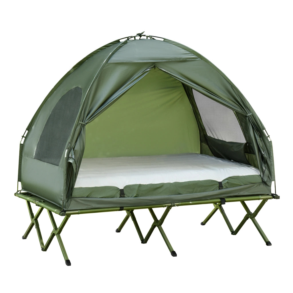 Set campeggio per 2 persone con letto da campo, tenda, materasso ad aria e pompa a pedale, verde