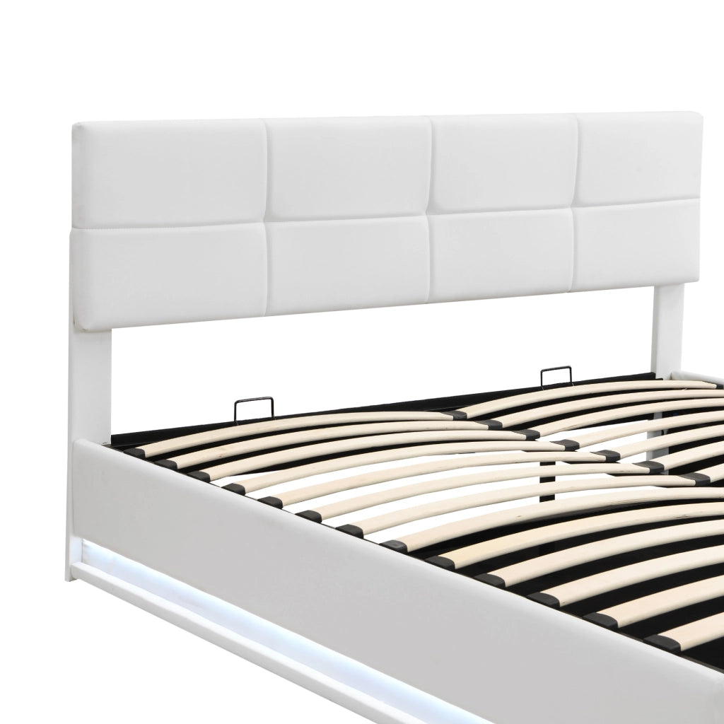Letto 180x200 cm con LED e contenitore sollevabile in similpelle bianco