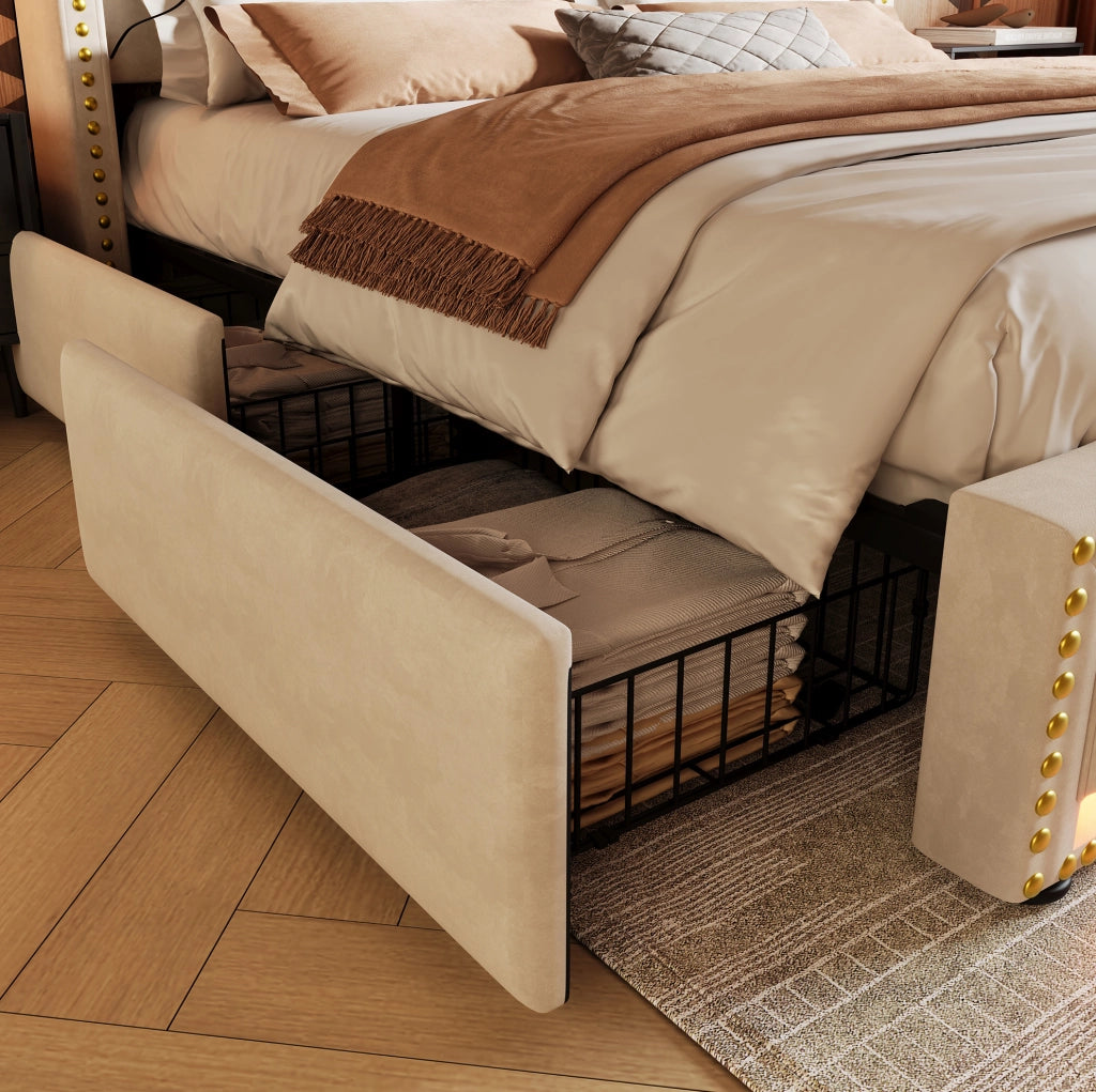 Letto imbottito 140x200 cm beige in velluto con LED, USB-C e 4 cassetti