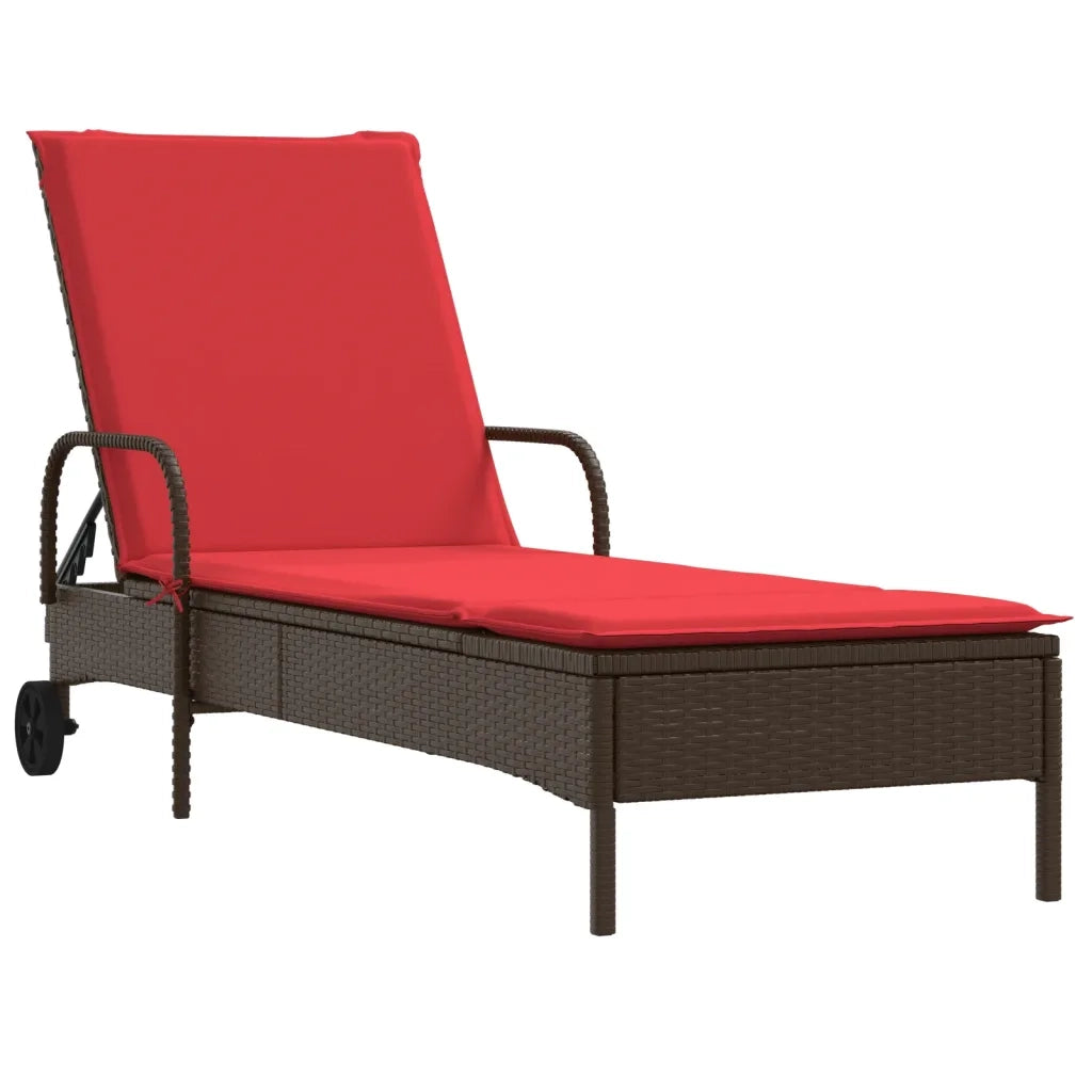 Lettino prendisole con ruote e Cuscino in Polyrattan Marrone 368314