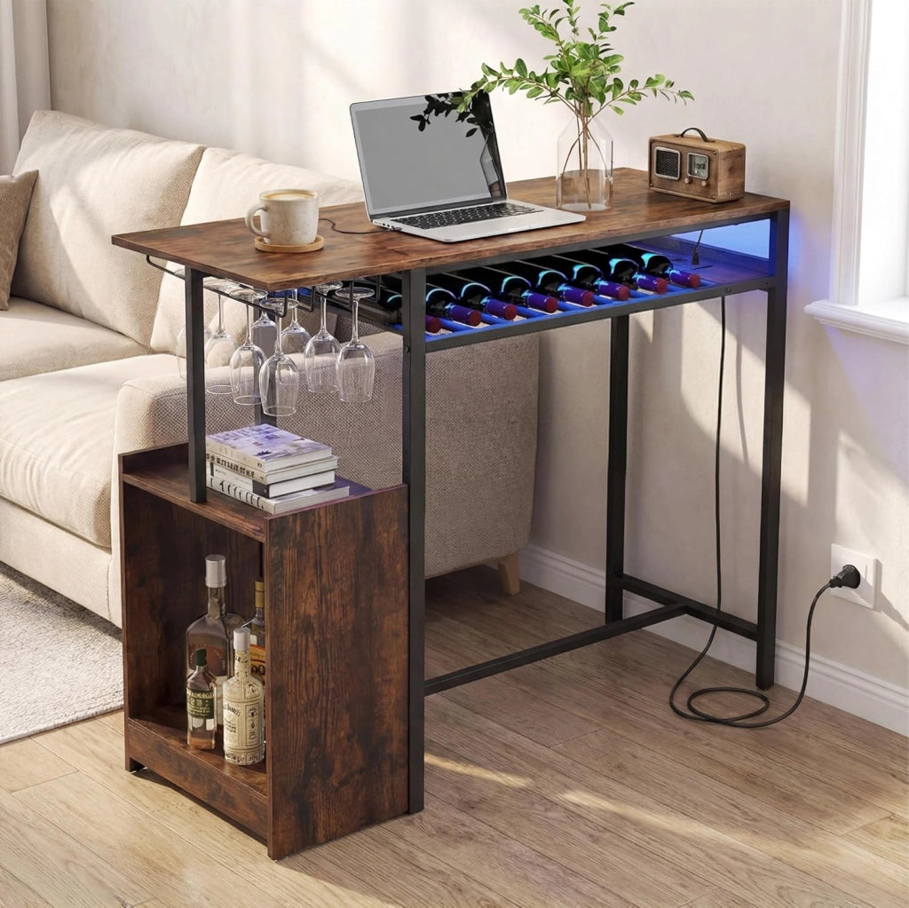 Tavolo da Bar con Luce Regolabile, Tavolino Alto con Stazione di Ricarica, Portabottiglie e Portabicchieri, Tavolino da Cucina per Soggiorno e Sala da Pranzo, 110 x 40 x 92 cm