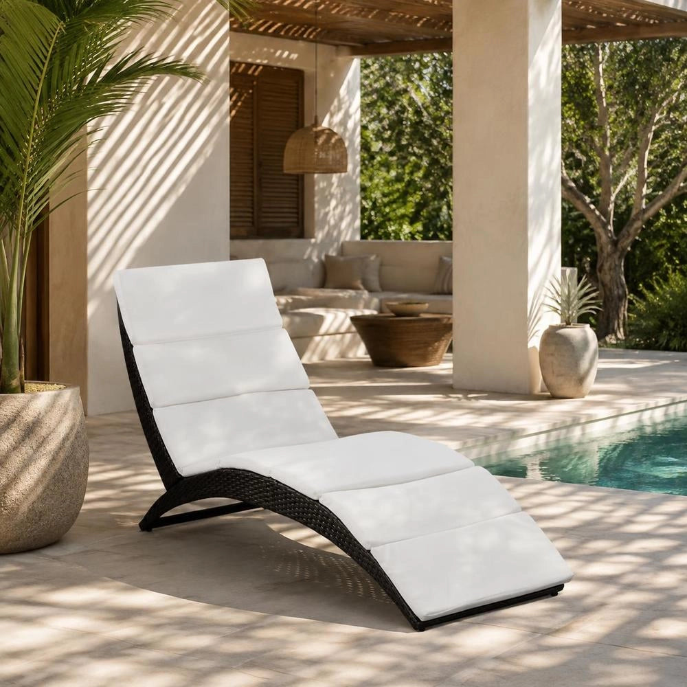 Folding Sun Lounger With Cushion, Poly Rattan, Black