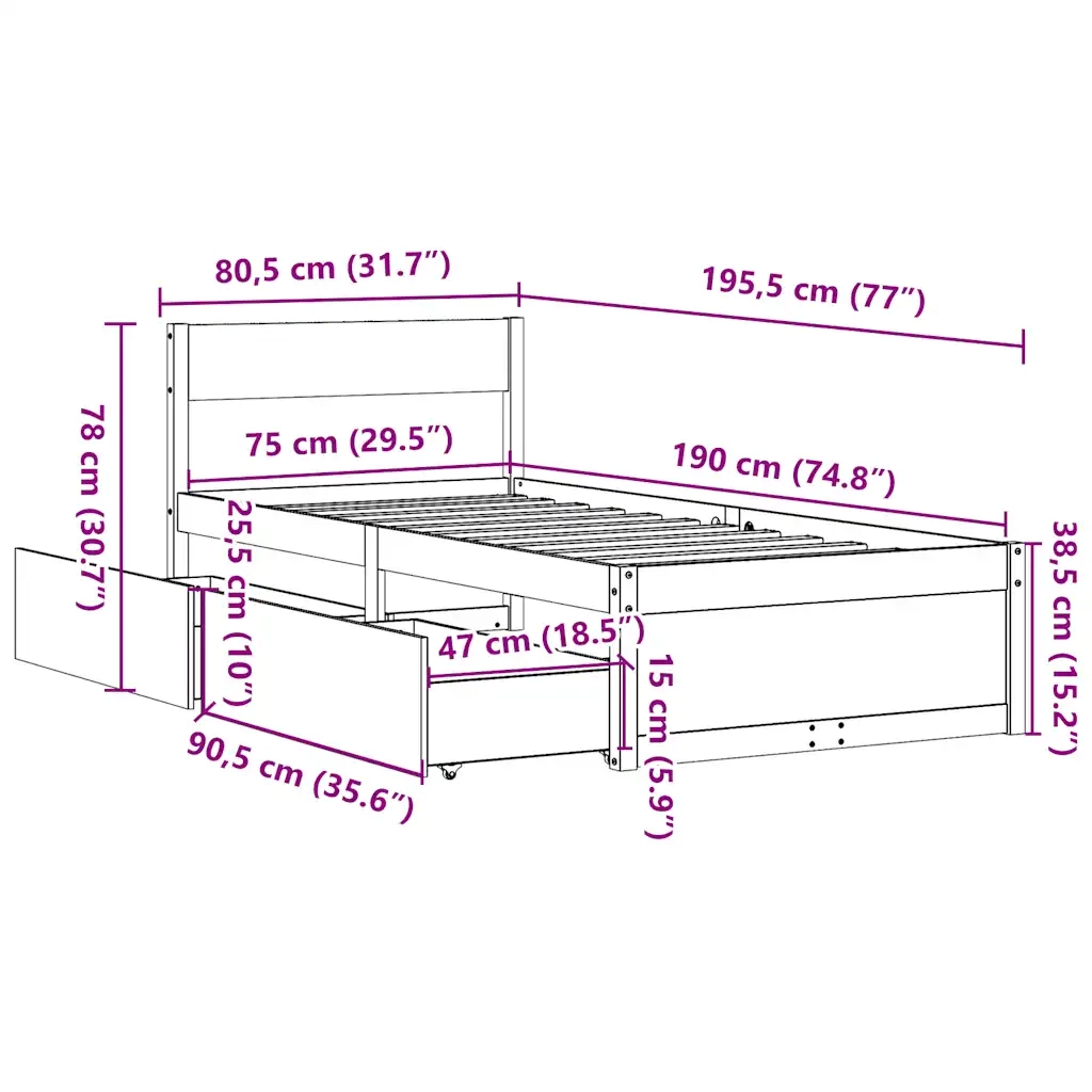 Letto senza Materasso 75x190 cm in Legno Massello Pino