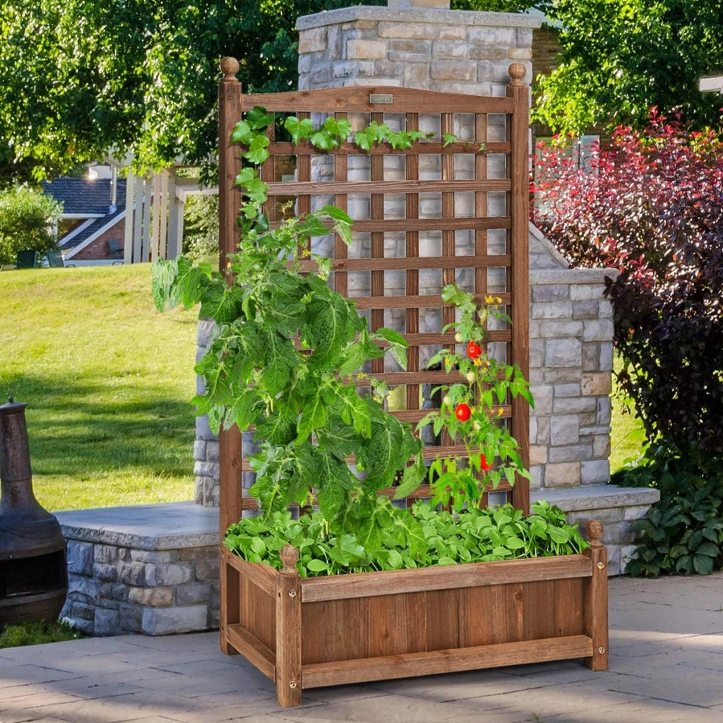 Fioriera da Esterno in Legno Massiccio con Traliccio, Letto Rialzato con Grigliato per Piante Rampicanti e Fiori, Fioriera Resistente alle Intemperie per Giardino, Patio e Cortile