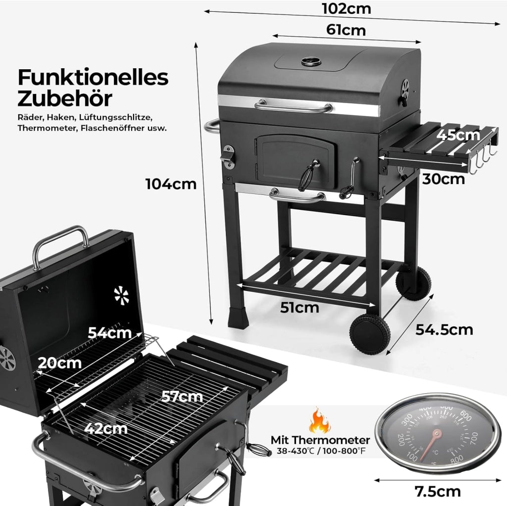 Barbecue Carbonella XL, Barbecue a Carbonella con Coperchio, Griglia per Barbecue con 2PCS Ruote, Termometro, Grande BBQ Smoker con Carrello per Campeggio, Giardino