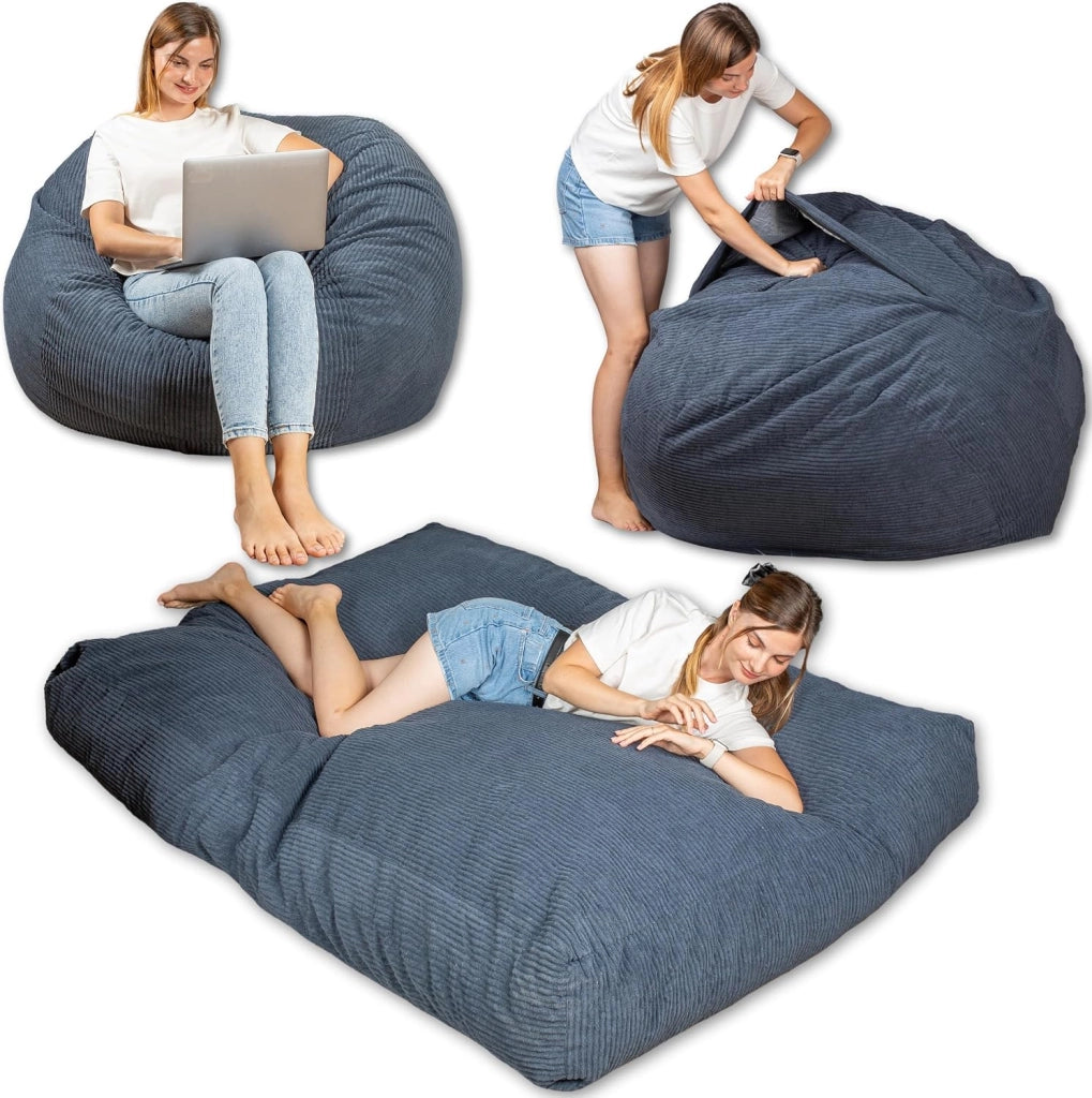 Pouf Poltrona Sacco Convertibile en Materasso/Futon Singolo Pieghevole 135x185 cm - Morbido, Tessuto di Velluto a Coste Larghe - Confortevole, Imbottitura in Schiuma (Blu Notte)