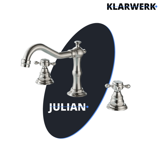 JULIAN | Rubinetto da bagno vintage a 3 fori argento spazzolato | Lavello in acciaio inossidabile retrò premium | Antico miscelatore 2 maniglie