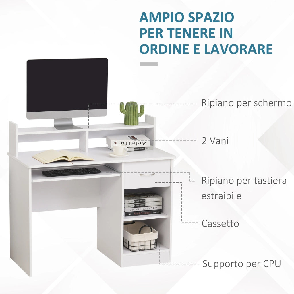 Scrivania per Computer Compatta in Legno Bianco con Ripiano Tastiera e Mensole ¨C zephmum ¨C 104x48x95.5cm