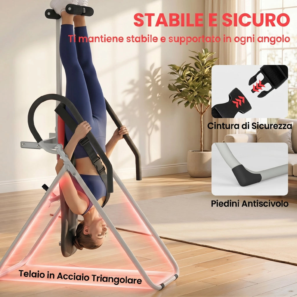 Panca ad Inversione Pieghevole e Regolabile 122x59x130 cm con Cintura di Sicurezza in Acciaio Rosso e Nero
