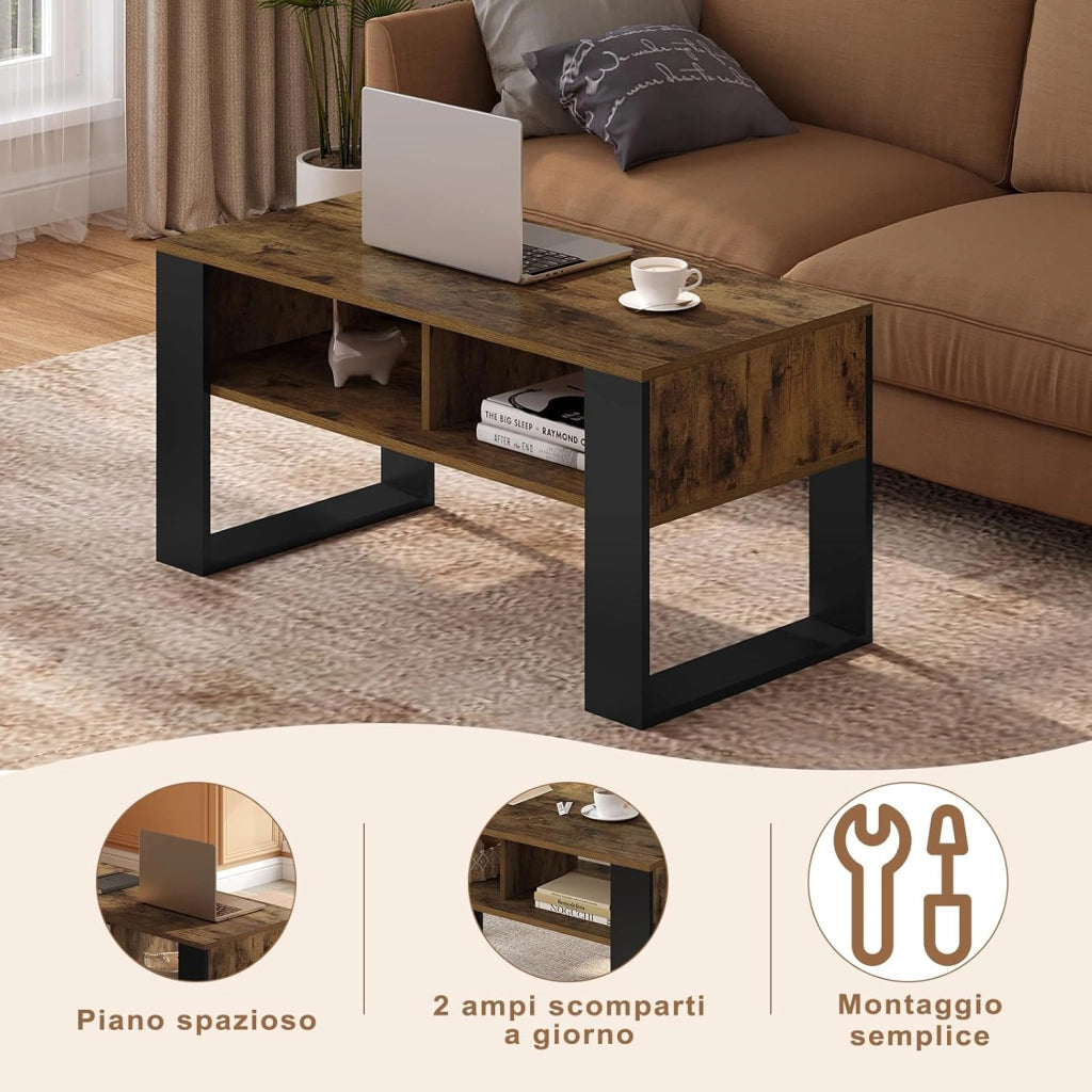 Tavolino da Salotto/Divano con 2 Scomparti Aperti, Tavolino Basso, Tavolo Laterale per Soggiorno, Camera da Letto, in Legno, Marrone Rustico + Nero, 90x45x45 cm, BTS16hov