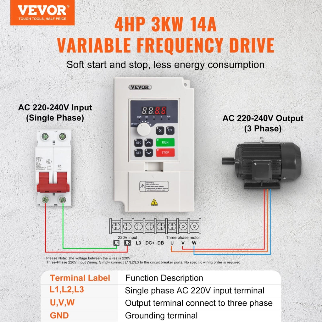 Inverter VFD 3KW 4HP 14A D100-3.0S2B-S Azionamento a Frequenza Variabile CA 220V per Controllo Velocità Motore Mandrino Officina