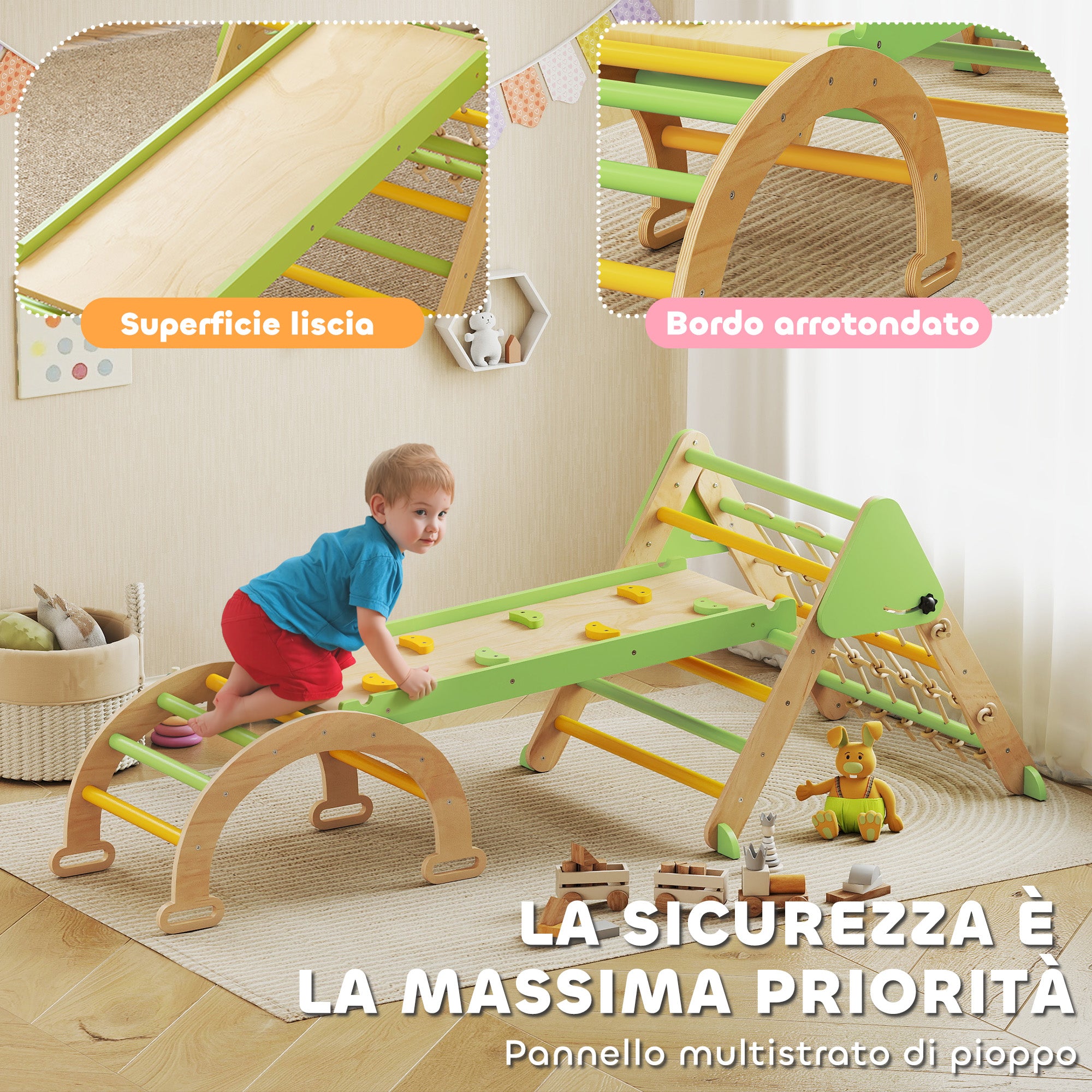 Gioco per Bambini 8 in 1 con Triangolo Parete Liscia e Arco 191.5x74.5x63 cm in Legno di Pioppo e Pino