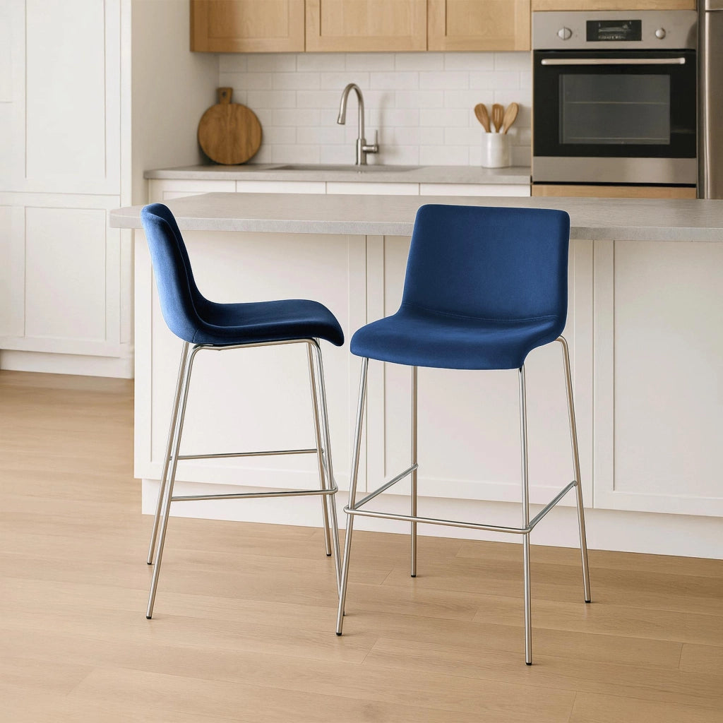 Sgabello Hover Velluto Base a Quattro Gambe Cromata blu