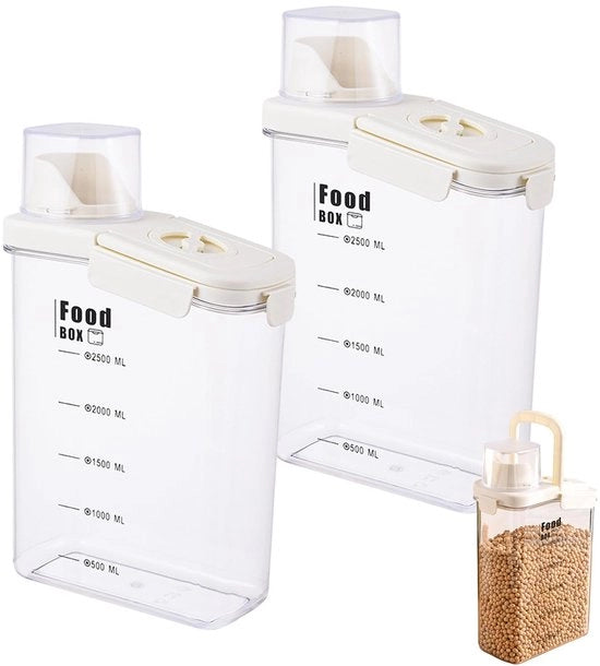 Contenitori di Stoccaggio Aria Tettone 2x 2,8L con Becher di Misura Scatola di Ripostiglio per Cucina Contenitori di Stoccaggio Aria Tettone in Plastica per il Conservazione di Granaglie, Farina, Muesli, Cibo per Cani ecc.