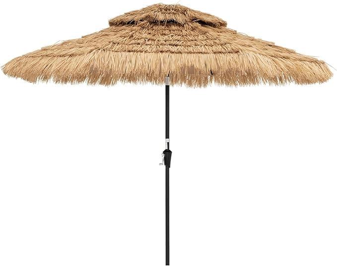 Ombrellone da Giardino in Paglia PP, Ombrellone Hawaiano 256 cm, con Luci LED, Manovella Manuale, Inclinazione di 35°, Ombrellone Tiki con 8 Stecche per Spiaggia Giardino