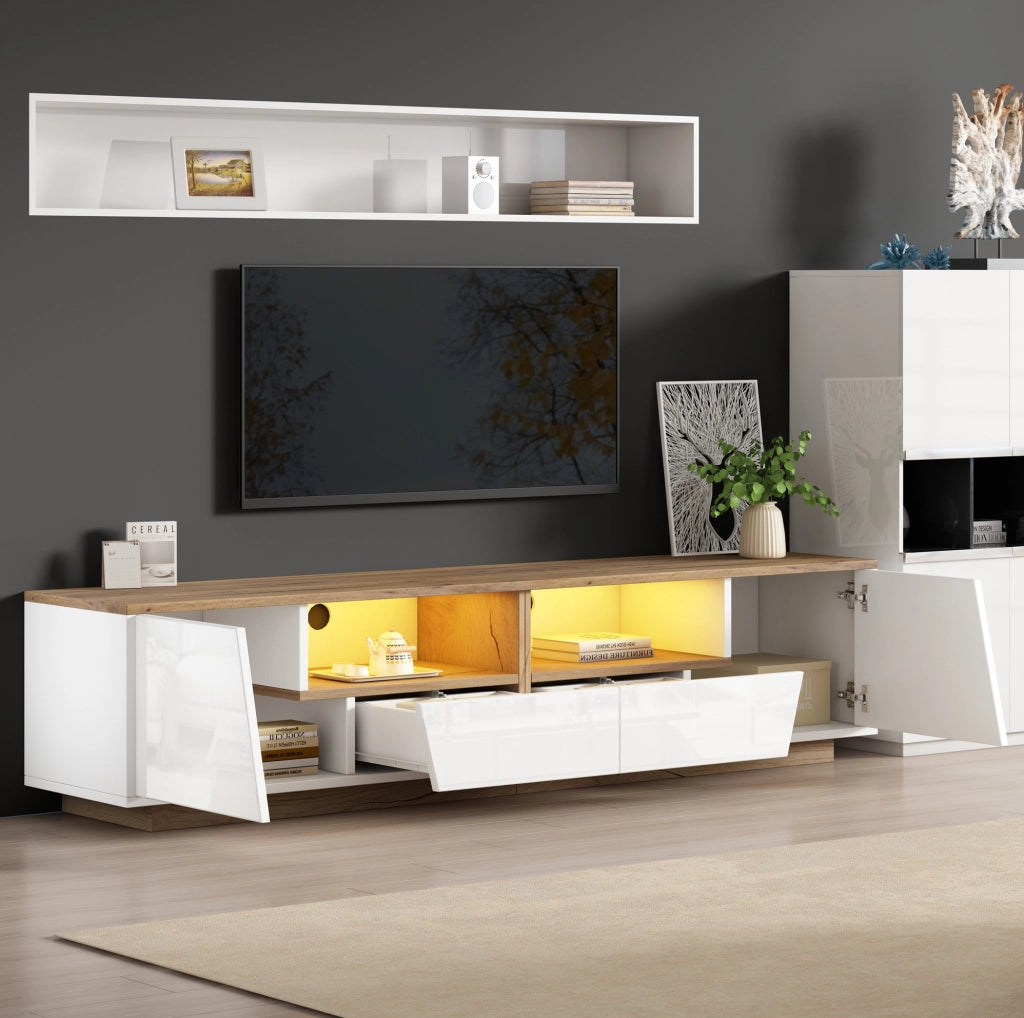Mobile TV LED 180x40x46 cm bianco e legno con 2 ante e 2 cassetti