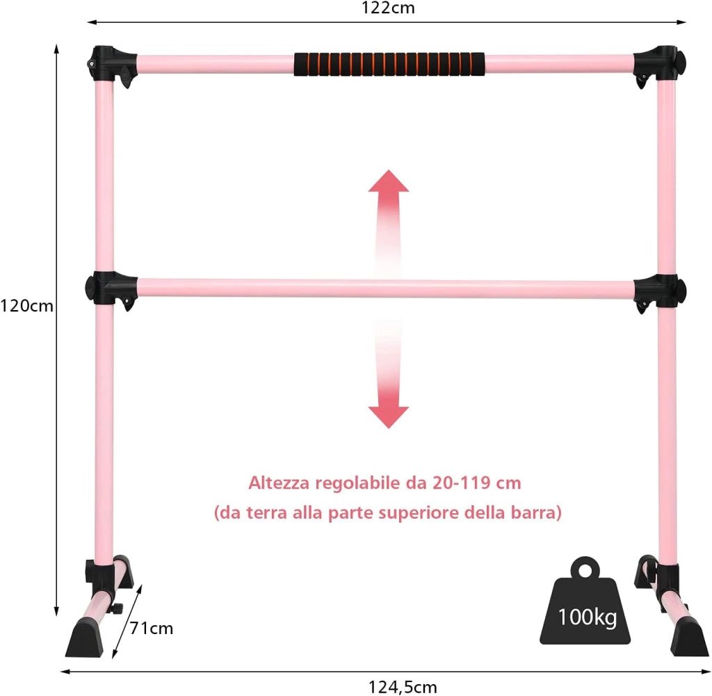 Sbarra da Balletto Doppia in Metallo, Portatile e Regolabile in Altezza con Cuscinetti Antiscivolo e Base Girevole, Ideale per Allenamento Stretch, Carico Massimo 50 kg