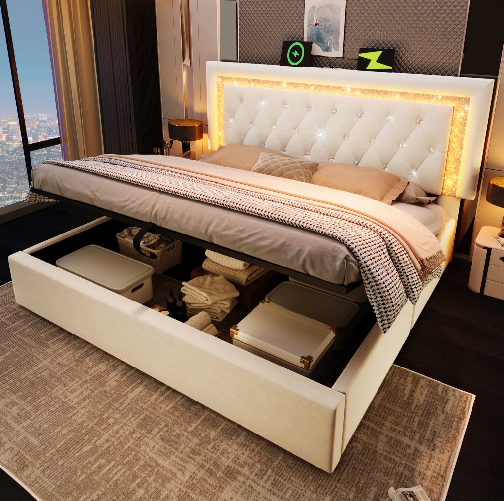 Letto imbottito 160x200 cm in velluto con LED, USB e contenitore