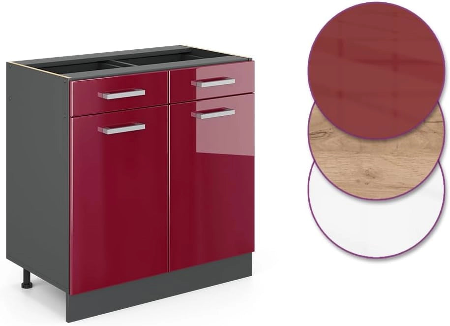 Mobiletto base per cucina R-Line, Rosso lucido, 80 cm senza piano di lavoro, per la libera combinazione all'interno di sistemi cucina modulari