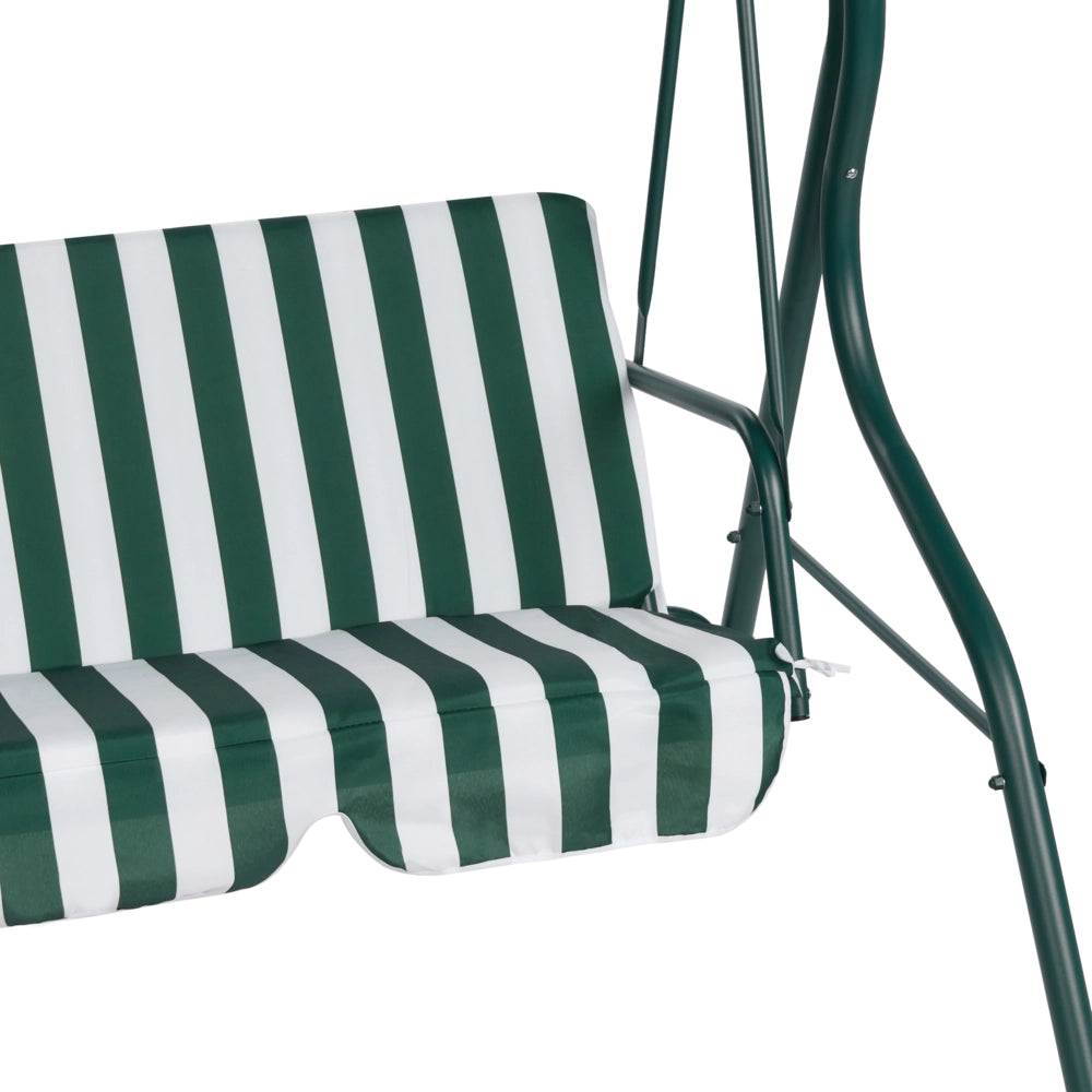 Altalena da giardino per patio con struttura in acciaio a rete a righe verdi a 3 posti con baldacchino