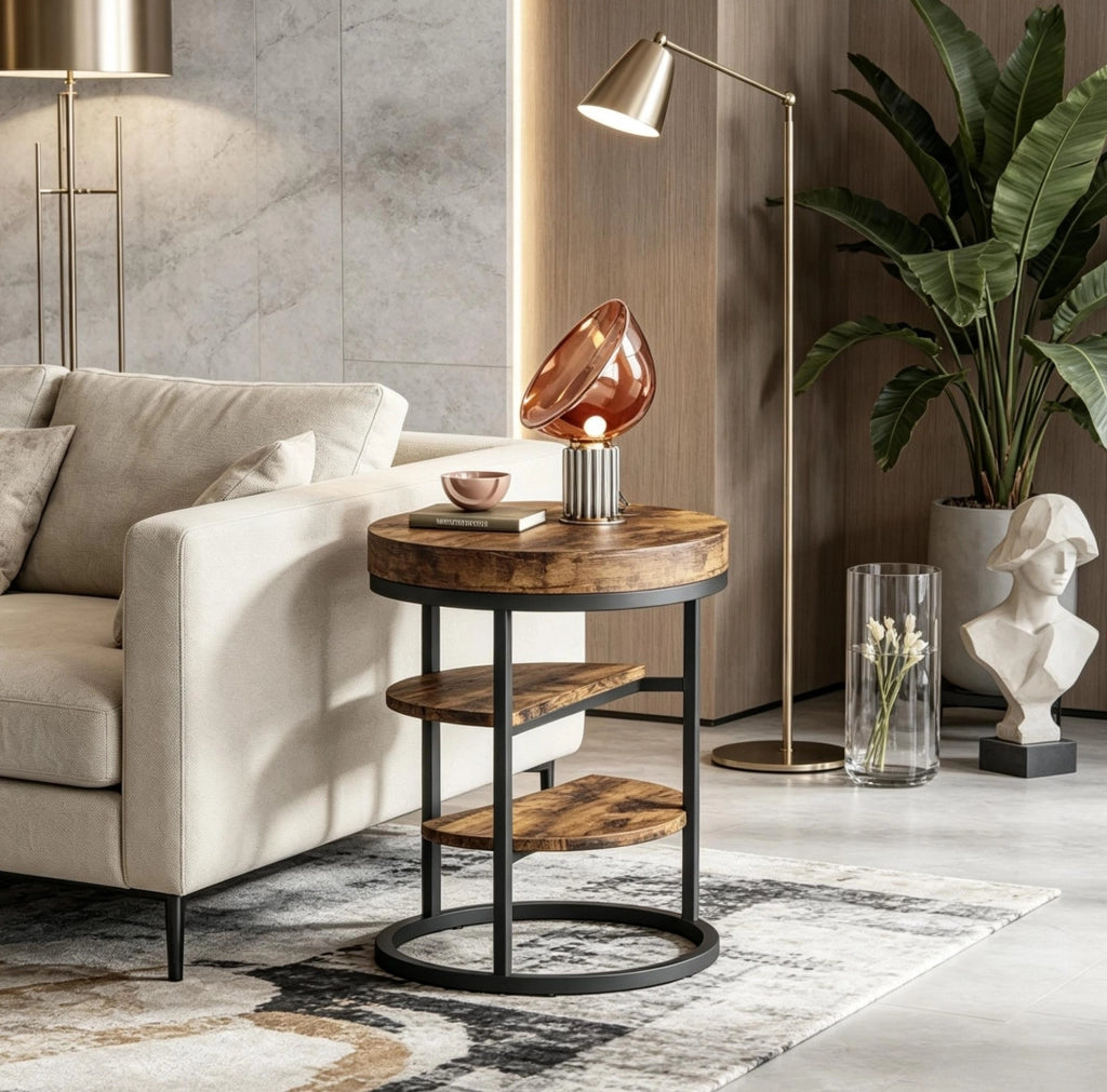 Tavolino laterale rotondo Ø 50 cm in metallo e legno marrone rustico