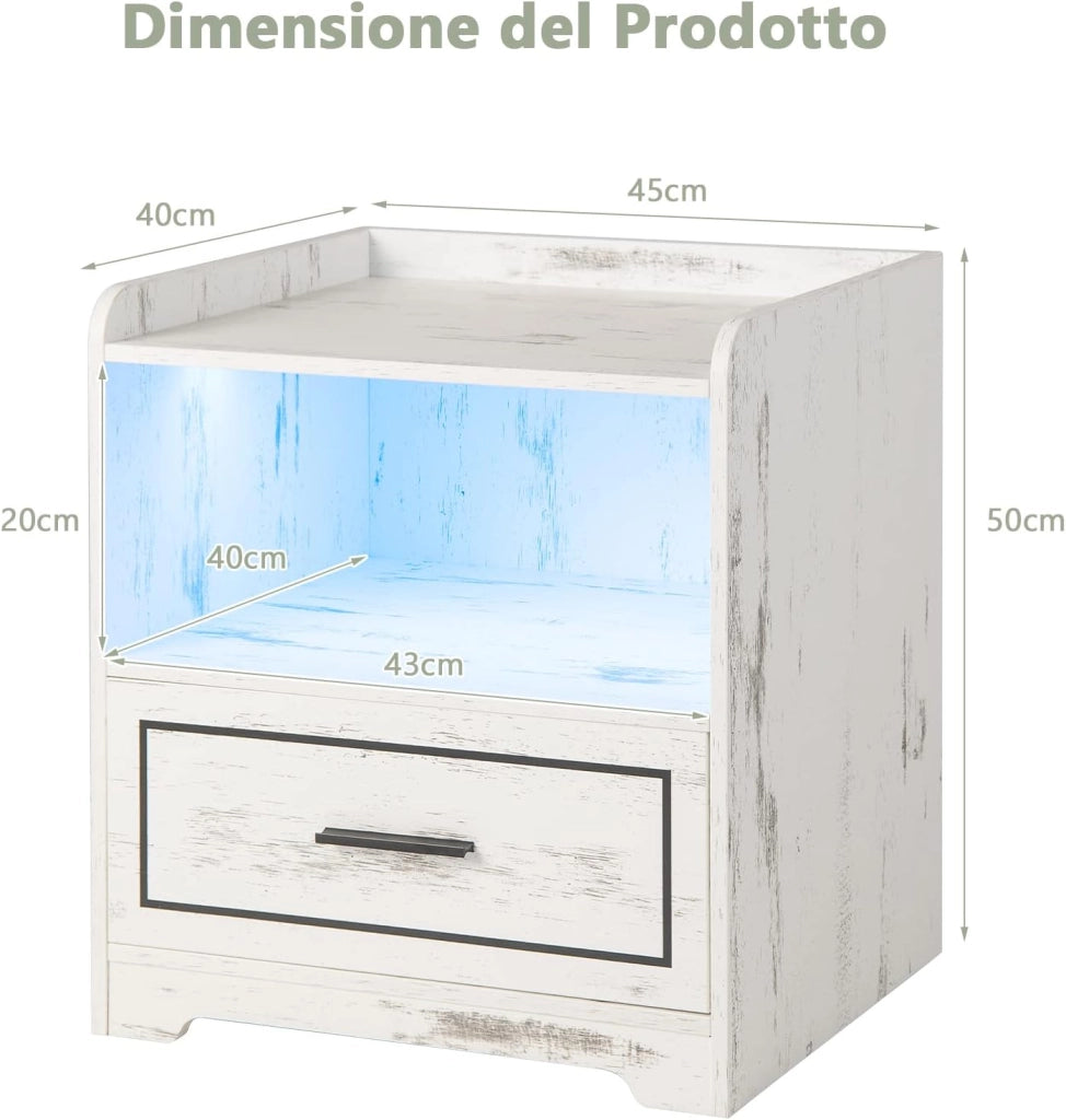 Comodino con LED, Comodino Intelligente con 2 Porte USB, Ripiano Aperto e Cassetto, Luci a Colori Variabili, Bianco, 45 x 40 x 50 cm (2, Bianco)