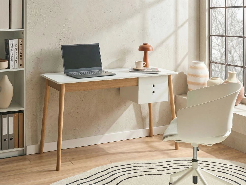 Scrivania da ufficio per casa con cassetti in truciolato 120 x 50 cm bianco e marrone chiaro design minimalista