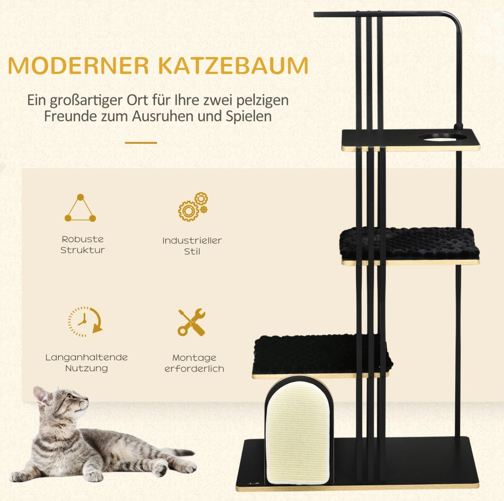 Tiragraffi ULEVR 170 cm a 4 livelli con 3 piattaforme, cuscini e pannello tiragraffi in sisal, nero