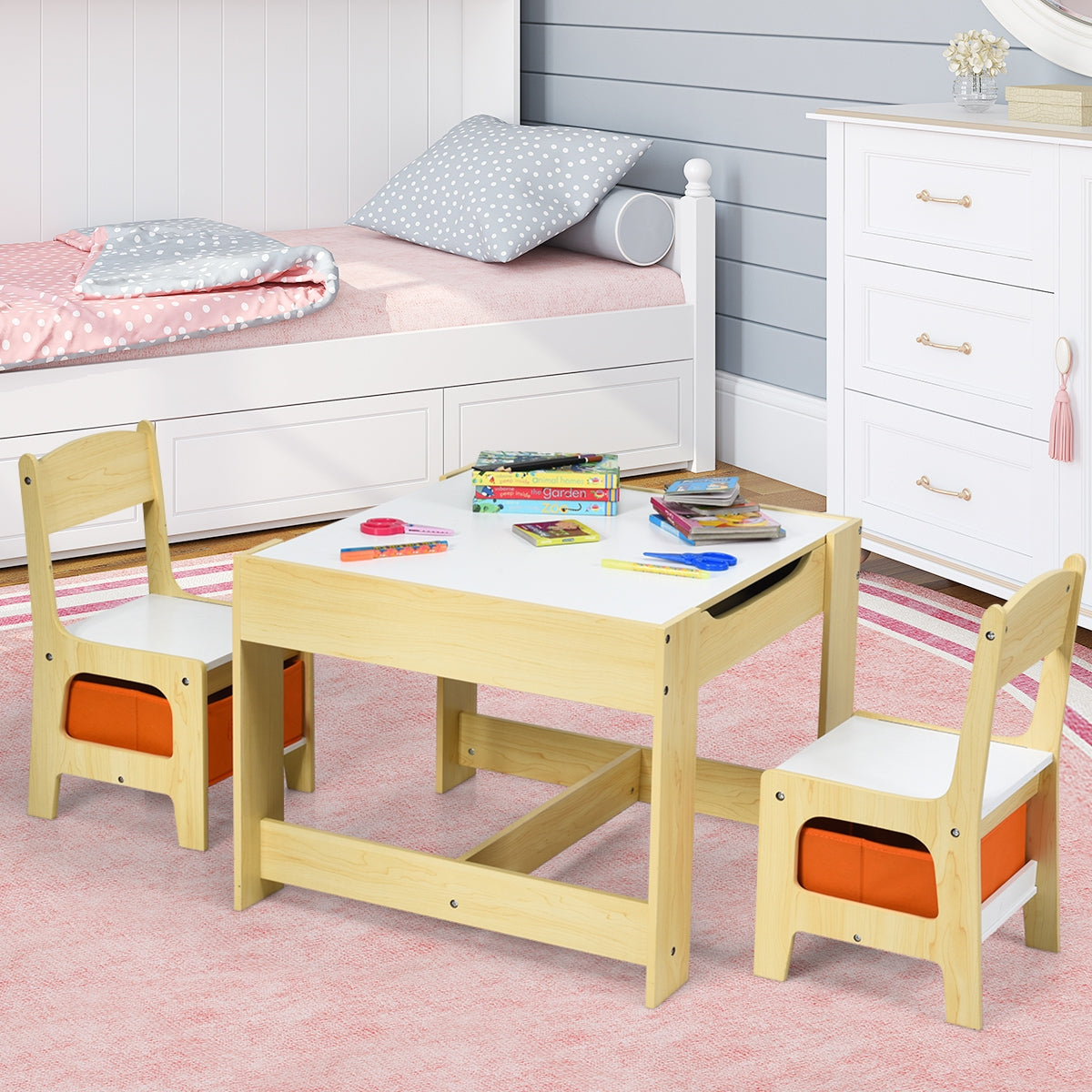 Set tavolo con 2 sedie per bambini in legno e libreria in legno per bambini-Set di 3 pezzi mobili per bimbi e scaffale di stoccaggio