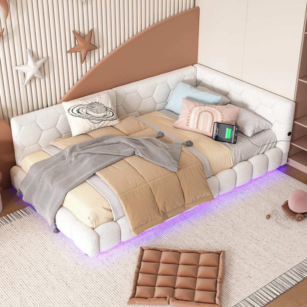 Letto da giorno 90x200 cm con luci LED; USB e Type-C; bianco
