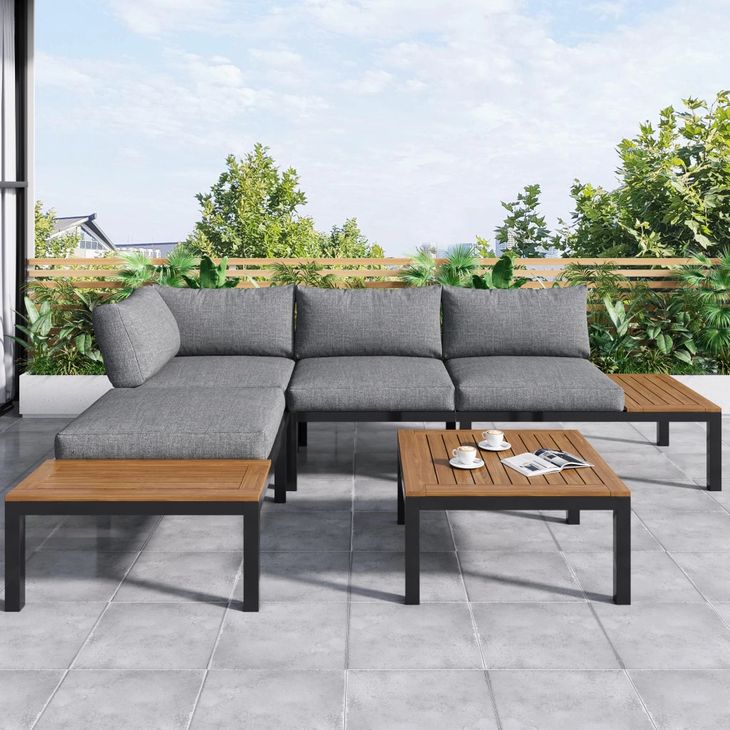 Set salotto giardino: 2 Divanooi 2 posti + 2 tavolini + 1 tavolo; piano acacia; cuscini tessuto; grigio