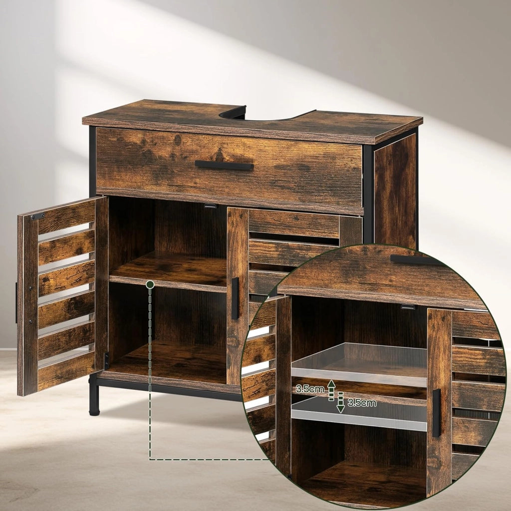 Mobiletto, Mobile Lavabo, Mobile Bagno, con 1 Cassetto Grande, 2 Ante a Ribalta, Ripiano Regolabile, MDF, 60x30x60cm, Marrone Rustico