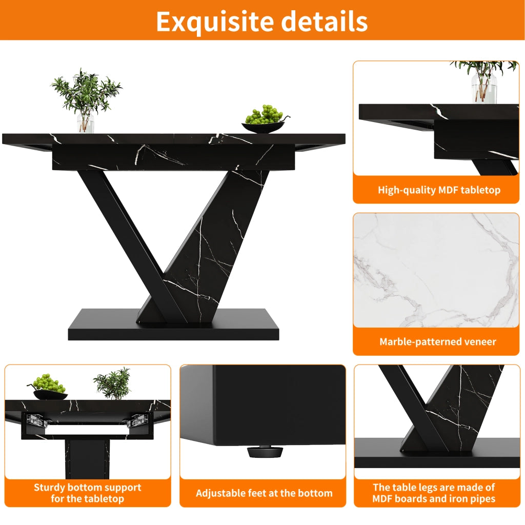 Tavolo da pranzo allungabile in MDF effetto marmo nero, con struttura in metallo, per cucina e soggiorno, 120 × 75 × 75,5 cm