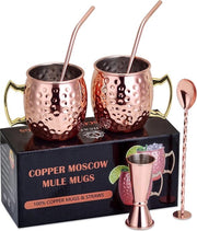 Set di Moscow Mule con 2 bicchieri di rame, bicchiere da cocktail, bicchiere da misura, cucchiaio da mescolare e setaccio di canna, tazza di gin martini con canne, tazza, regalo di Natale