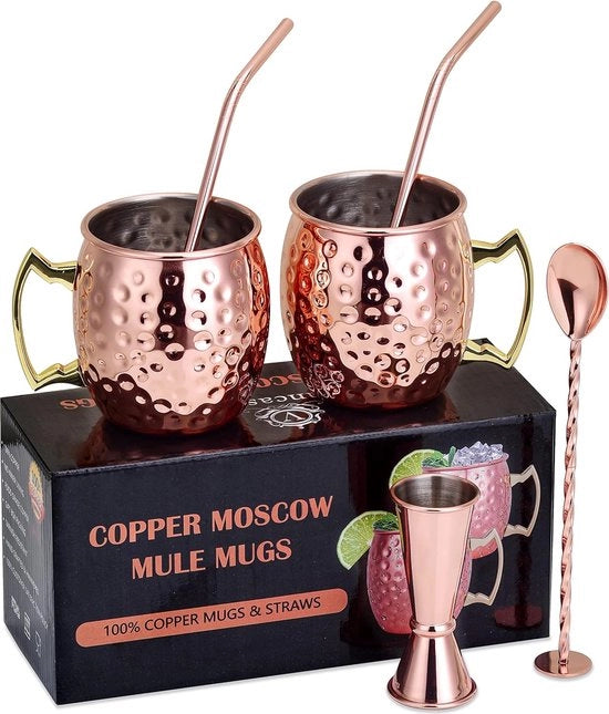 Set di Moscow Mule con 2 bicchieri di rame, bicchiere da cocktail, bicchiere da misura, cucchiaio da mescolare e setaccio di canna, tazza di gin martini con canne, tazza, regalo di Natale