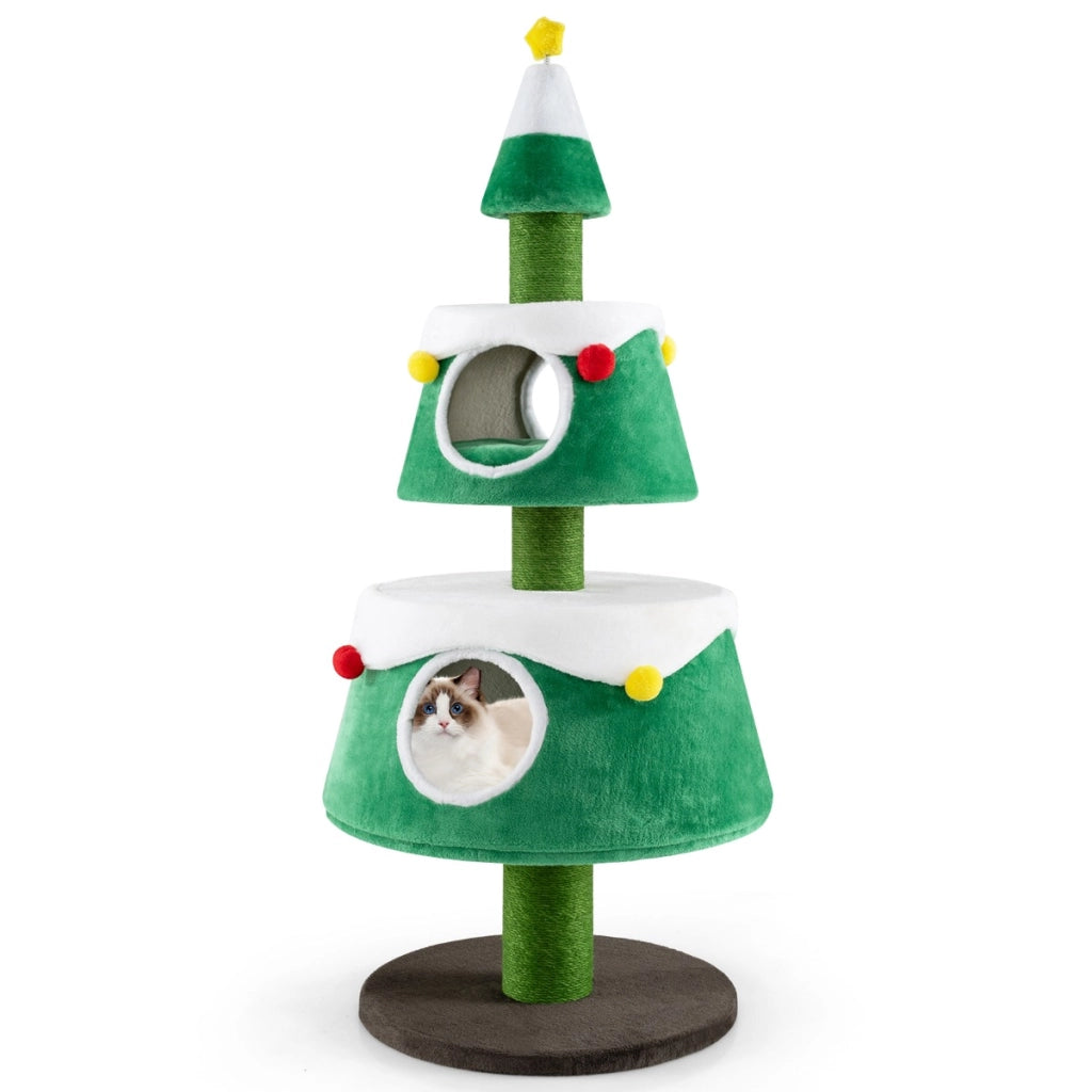 Tiragraffi per gatti ad albero di Natale con 2 condomini tiragraffi in sisal giocattolo a molla, Torre per gatti Verde-Alberi Tiragraffi